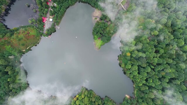 Aerial drone footage of Karagol landscape among the clouds in Borcka district of Artvin.