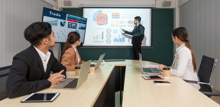 Business Executives Team Meeting In Modern Office With Laptop Computer, Tablet, Mobile Phone And Coffee On Table. Businessman In Black Suit Pointing At Presentation On Large Projector Screen.