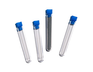 Zinc granules in test tube with plug cap. Cosmetic chemicals ingredient on laboratory table.