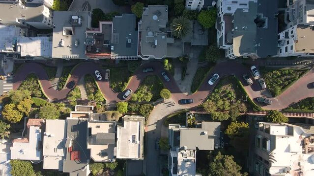 Aerial view of cars driving on Lombard Street, San Francisco, California