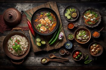 dining table with various dishes and bowls of rice. Generative AI