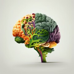 Plant-Based Healthy Eating: Human Brain Made of Fruits and Vegetables, High Fibre, Nutrition and Brain Health, Food and Cognition, Mood, Healthy Lifestyle Concept, On White Background, Generative AI