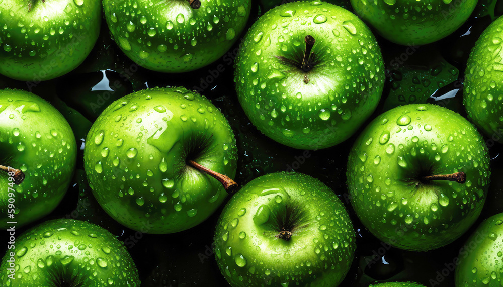 Wall mural Close up of clean green apples with water drop in dark black background. Fresh fruit and Vegetable concept. Nutrition and vitamin theme. Generative AI - Wall murals
