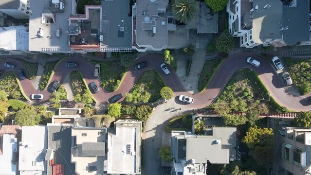 Aerial view of cars driving on Lombard Street, San Francisco, California 