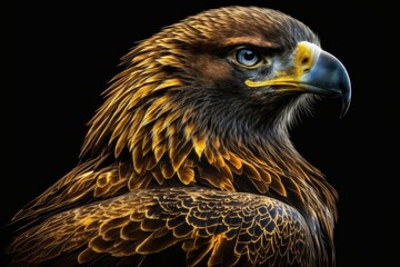 majestic bird of prey up close against a dark background. Generative AI