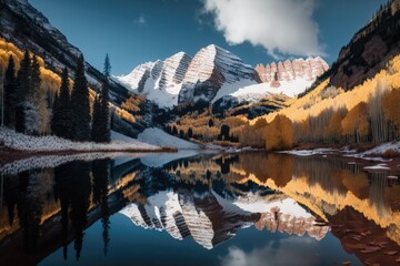 tranquil lake reflecting a majestic mountain range. Generative AI