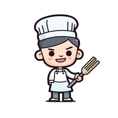 Mascot of cute chef boy wearing chef cap and uniform, holding spatula. Cartoon flat character vector illustration