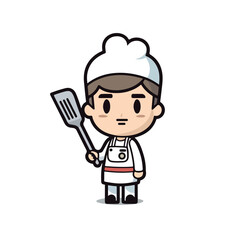 Mascot of cute chef boy wearing chef cap and uniform, holding spatula. Cartoon flat character vector illustration