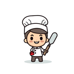 Mascot of cute chef boy wearing chef cap and uniform, holding spatula. Cartoon flat character vector illustration