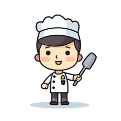 Mascot of cute chef boy wearing chef cap and uniform, holding spatula. Cartoon flat character vector illustration