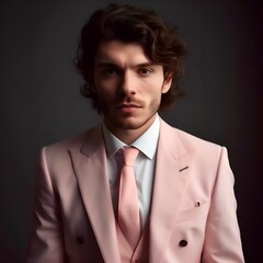 a man is in a pink suit and drink his glass, in the style of classic glamour, warm tonal range, the helsinki school, leather/hide, luxurious fabrics, pictorial, bold, a gentleman in a pink suit