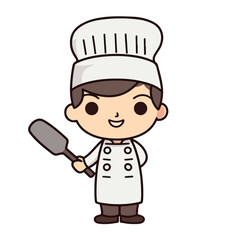 Mascot of cute chef boy wearing chef cap and uniform, holding spatula. Cartoon flat character vector illustration