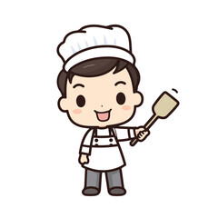Mascot of cute chef boy wearing chef cap and uniform, holding spatula. Cartoon flat character vector illustration