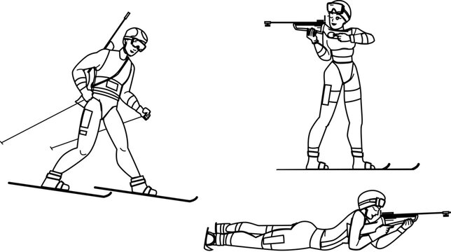 black and white biathlon athletes skiing and shooting clip art preview