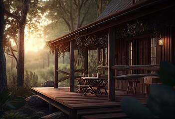 A 3D AI-Generated Render of a Vintage Wooden Terrace in a Rustic Woodland Landscape at Sunrise. Generative AI