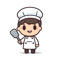 Mascot of cute chef boy wearing chef cap and uniform, holding spatula. Cartoon flat character vector illustration