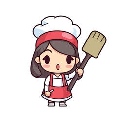 Mascot of cute chef girl wearing chef cap and uniform, holding spatula. Cartoon flat character vector illustration