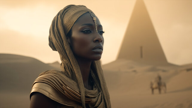 Woman wearing egyptian period costume with decorative makeup