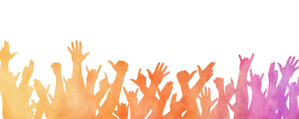 Silhouette of a crowd of people with their hands raised. Watercolor illustration