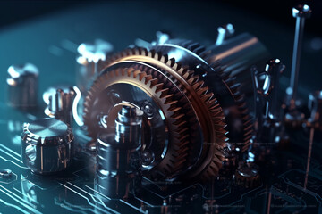 Gear wheel on circuit board. Illustration of hi-tech, engineering, and digital engineer concepts. web - template, business tech, business team, Generative AI
