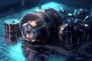 Naklejka na ściany i meble Gear wheel on circuit board. Illustration of hi-tech, engineering, and digital engineer concepts. web - template, business tech, business team, Generative AI