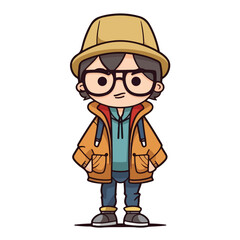 Mascot of cute cool boy wearing jacket and hat. Cartoon flat character vector illustration