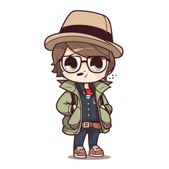 Mascot of cute cool boy wearing jacket and hat. Cartoon flat character vector illustration