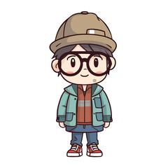 Mascot of cute cool boy wearing jacket and hat. Cartoon flat character vector illustration