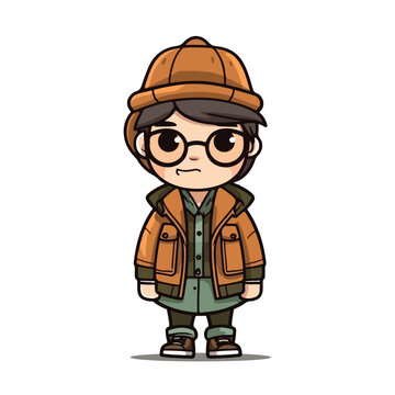 Mascot of cute cool boy wearing jacket and hat. Cartoon flat character vector illustration