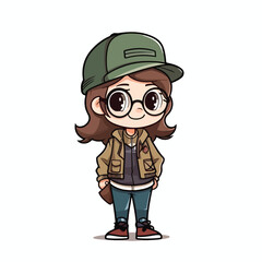 Mascot of cute cool girl wearing jacket and hat. Cartoon flat character vector illustration