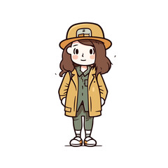 Mascot of cute cool girl wearing jacket and hat. Cartoon flat character vector illustration