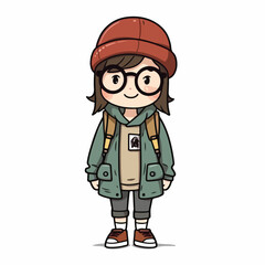Mascot of cute cool girl wearing jacket and hat. Cartoon flat character vector illustration