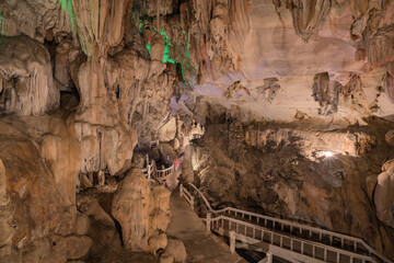 pathway underground cave in Laos, with stalagmites and stalactites
