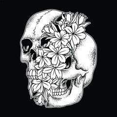 Floral Skull  Black and White Illustration