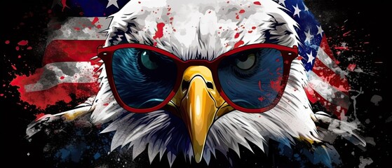 eagle in sunglasses realistic flag background with paint splatter abstract