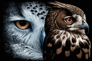 two owls with vibrant orange eyes in a close-up view. Generative AI