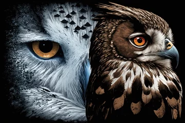 Acrylic prints Owl Cartoons two owls with vibrant orange eyes in a close-up view. Generative AI