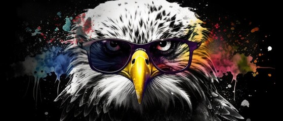 Obraz premium eagle in sunglasses realistic flag background with paint splatter abstract