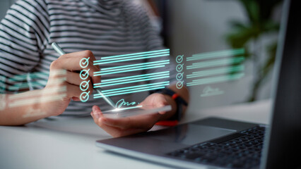 Signing business contract concept. Online business contract Electronic signature, e-signing, digital document management, paperless office,  on a futuristic virtual interface screen.