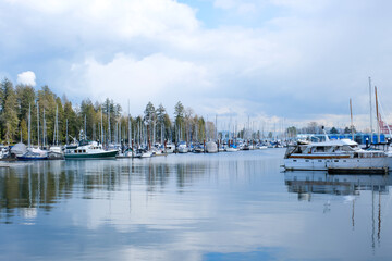 4k Beautiful harbour, port, marina, haven, sailing boats, yachts, blue water, lake, bay, trees,...