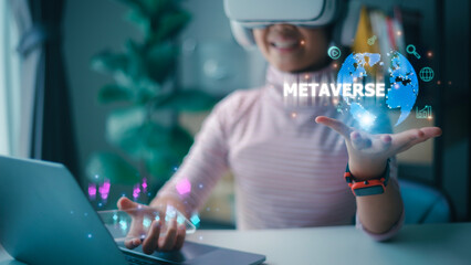 Women wearing VR glasses have virtual Global Internet connection metaverse with a new experience in a metaverse virtual world. Metaverse technology concept Innovation of futuristic.