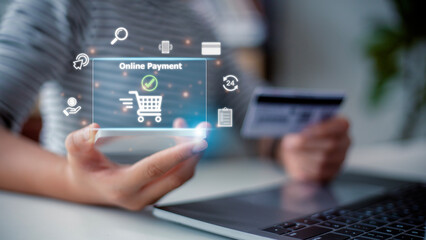 E-commerce delivery online payment. Access paying online payment concept. Women use laptop banking and online shopping via banking mobile apps, E-transactions and financial technology.