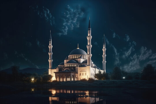 Beautiful Muslim mosque view at night with beautiful cloudy sky. Turkey-style Islamic mosque design with a beautiful lake. Muslim prayer place. Beautiful mosque glowing at night. Generative AI.