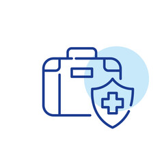 Fototapeta na wymiar Travel health insurance. Briefcase and cross on shield. Travel healthcare coverage. Pixel perfect, editable stroke icon