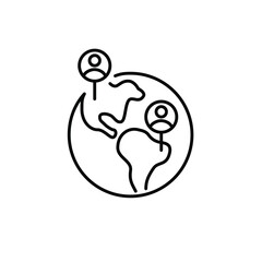 Two users location on Earth globe. Global dating app mates searching. Pixel perfect, editable stroke icon