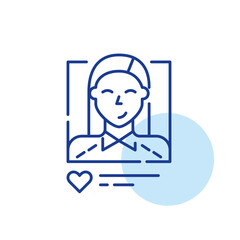 Fototapeta na wymiar Dating app user profile icon. Smiling student girl with long hair wearing shirt. Pixel perfect editable stroke line icon