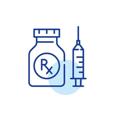 Prescription injection drug. Medicine in bottle and syringe. Pixel perfect, editable stroke line icon