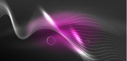 Neon laser lines, circles waves abstract background. Neon light or laser show, electric impulse, power lines, techno quantum energy impulse, magic glowing dynamic lines