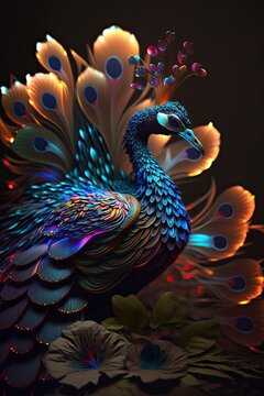 a beautiful peacock tail with flowers night scene, a beautiful peacocks shining feathers on night background and glowing effect, close up peocock 4k HD walpaper