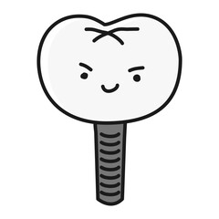 シンプルなインプラント歯のキャラクター（白黒）